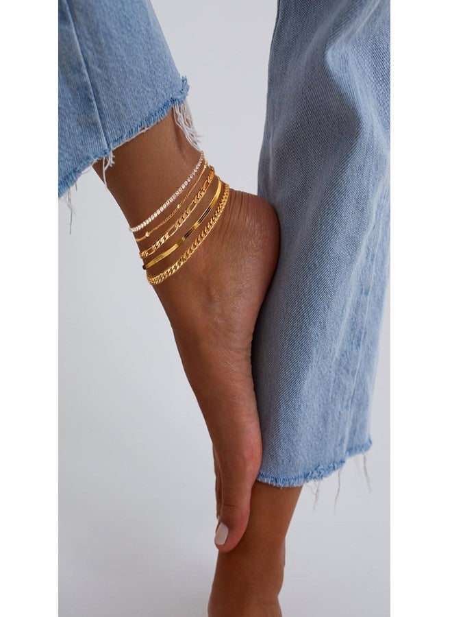 MYYOII Gold Ankle Bracelets for Women,14k Gold Plated Anklets Waterproof Cuban Link Tennis Herringbone Beaded Chain Anklets Set Layered Anklet Bracelets for Women Adjustable Summer Beach Jewelry 5pcs - Image 5
